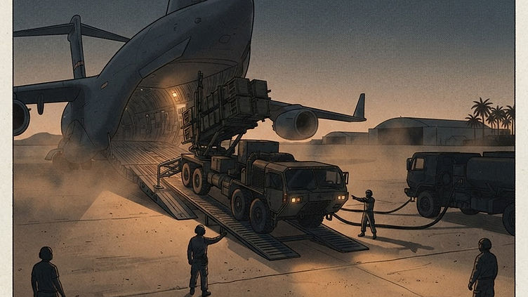 Patriot air defense launcher on a desert airbase apron at dusk with a cargo aircraft and ground crew, editorial illustration of U.S. force posture in the Middle East