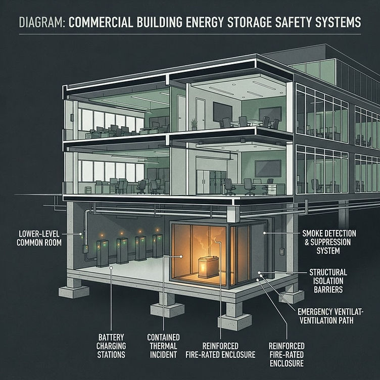 Lithium-ion battery charging room in a commercial building - hazardous materials storage and thermal runaway fire protection