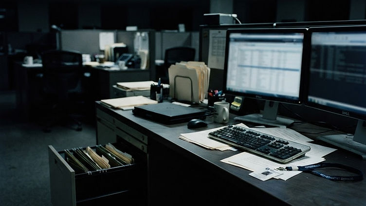 Illustration of an empty government office at night with dark monitors, a security badge on a lanyard and an open filing cabinet drawer