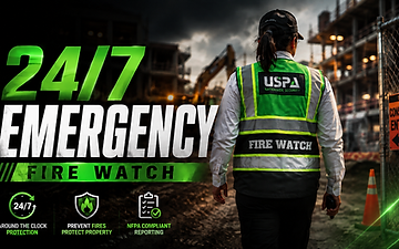 USPA after-hours fire watch guard on an overnight patrol inside a commercial building