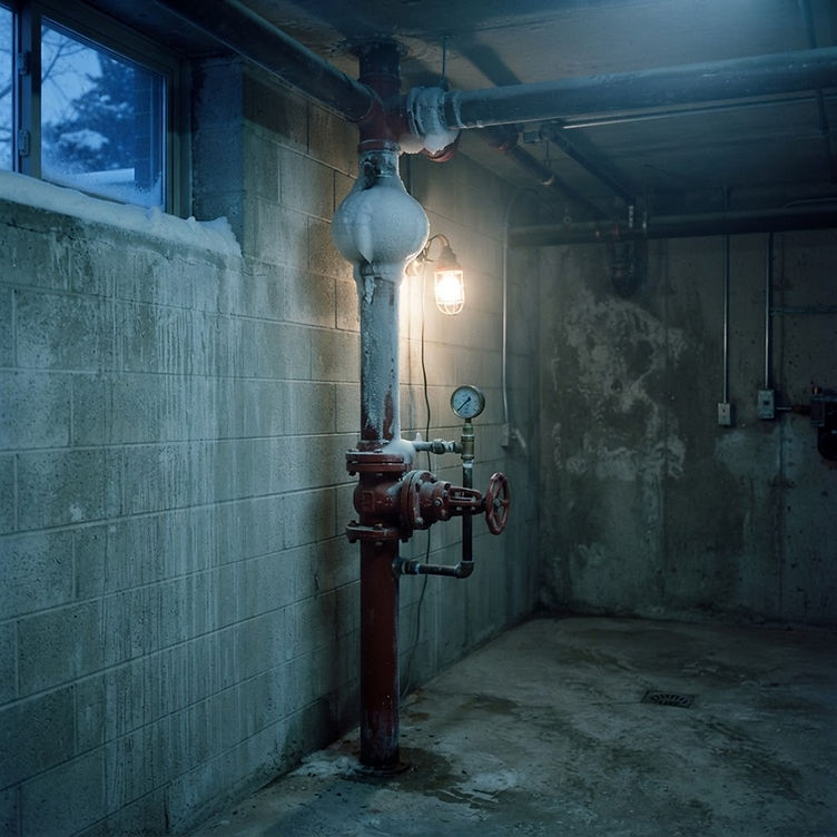 Frost-covered red fire sprinkler riser and handwheel valve in an unheated commercial basement during a hard freeze