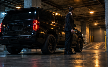 Armored security vehicle and driver waiting in an underground loading bay