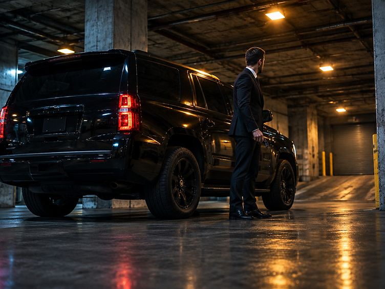 Armored security vehicle and driver waiting in an underground loading bay