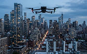Illustration of a small quadcopter drone hovering above a city rooftop at dusk with a radar dome and antenna array below it