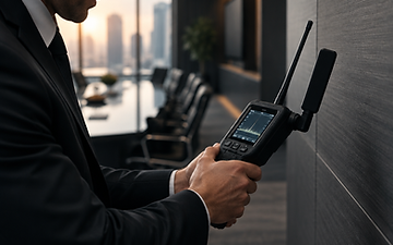 Technical security specialist sweeping a corporate boardroom with a handheld detection device