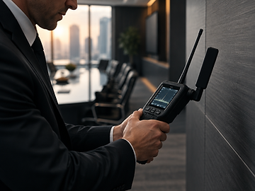 Technical security specialist sweeping a corporate boardroom with a handheld detection device