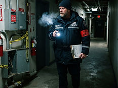 USPA fire watch officer in winter gear logging patrol rounds at night on a commercial property in Dallas, TX - USPA Nationwide Security
