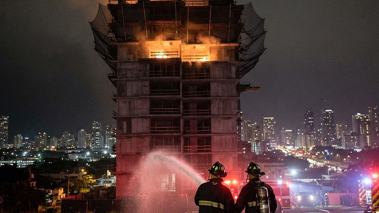 Illustration of an unfinished high-rise venting smoke while firefighters work below. Editorial illustration, not a photograph of the Bangkok building.