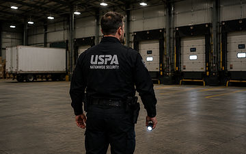 USPA security guard patrolling warehouse loading docks at a distribution center at night