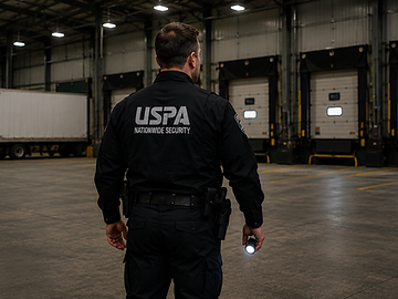 USPA security guard patrolling warehouse loading docks at a distribution center at night