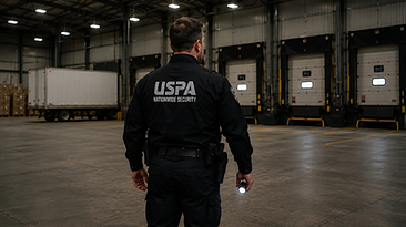 USPA security guard patrolling warehouse loading docks at a distribution center at night