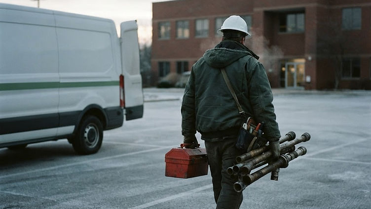 Fire protection technician staging sprinkler repair equipment from a service van at a commercial building at winter dawn in Dallas, Texas - USPA Nationwide Security