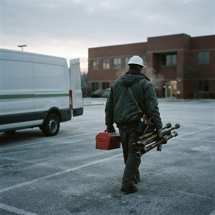 Fire protection technician staging sprinkler repair equipment from a service van at a commercial building at winter dawn in Dallas, Texas - USPA Nationwide Security