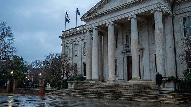 Illustration of a Virginia courthouse exterior at dawn. Editorial illustration, not a photograph of the sentencing.