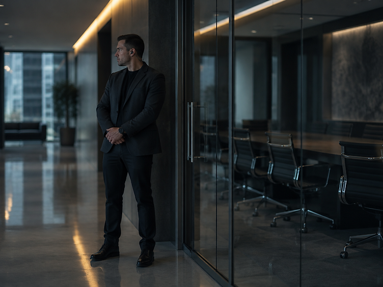 Plain-clothes protective agent standing quietly beside a conference room in a corporate lobby