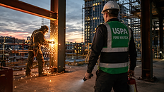 USPA hot work fire watch guard supervising welding sparks on a construction site