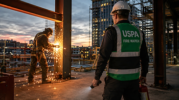 USPA fire watch guard supervising hot work and welding sparks on a construction site
