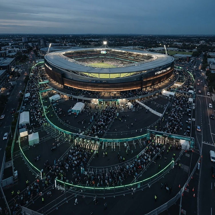 Large event venue security perimeter at dusk - crowd management and event security planning for mass gatherings
