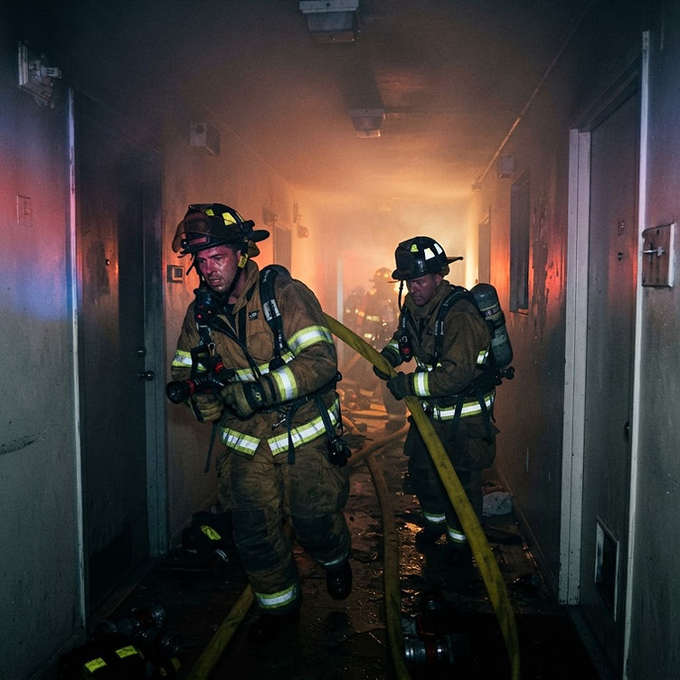 Miami firefighters in turnout gear advancing a hose line through a smoke-filled residential building corridor during a multi-story apartment fire response
