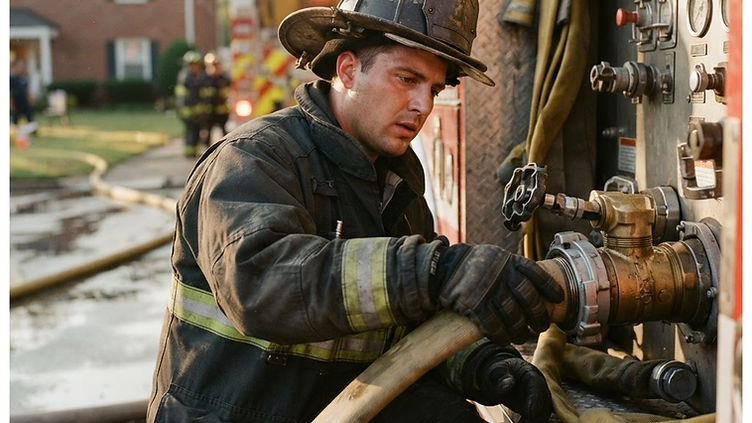 Firefighter in turnout gear at a residential fire scene, symbolic editorial photograph for USPA Nationwide Security news coverage