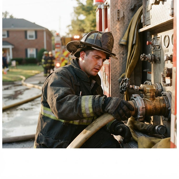 Firefighter in turnout gear at a residential fire scene, symbolic editorial photograph for USPA Nationwide Security news coverage