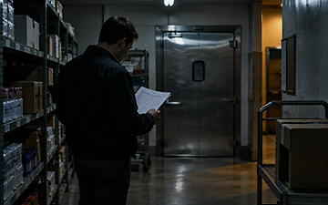 Loss prevention investigator reviewing an inventory exception report in a retail back-of-house corridor