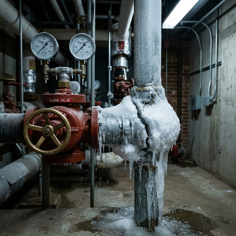 Frozen commercial fire sprinkler pipe with an ice bulge beside a red control valve in a riser room in Dallas, TX - USPA Nationwide Security