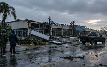 Storm damage survey along a commercial block at first light after a hurricane