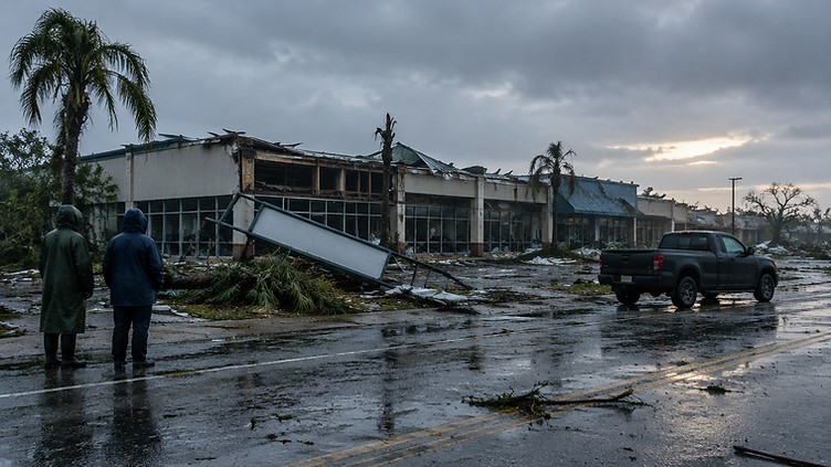 Storm damage survey along a commercial block at first light after a hurricane