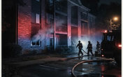 Three-story garden apartment building at night with emergency lights and smoke from a ground-floor window, editorial illustration of an Aberdeen, Maryland apartment fire