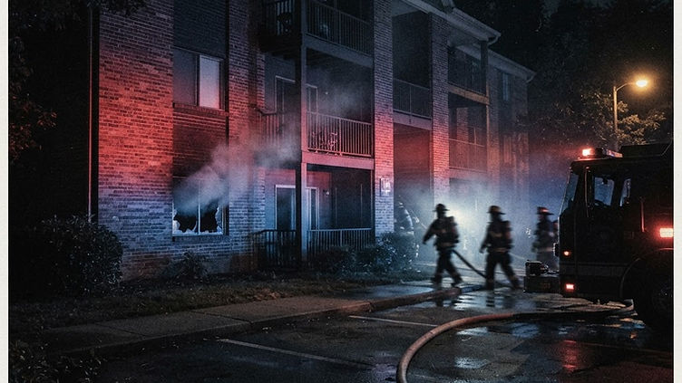 Three-story garden apartment building at night with emergency lights and smoke from a ground-floor window, editorial illustration of an Aberdeen, Maryland apartment fire