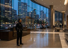 USPA security officer standing post in corporate high-rise lobby, national account security services