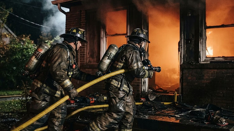 Firefighters in turnout gear advancing a handline into a smoke-filled apartment building doorway during a structure fire response