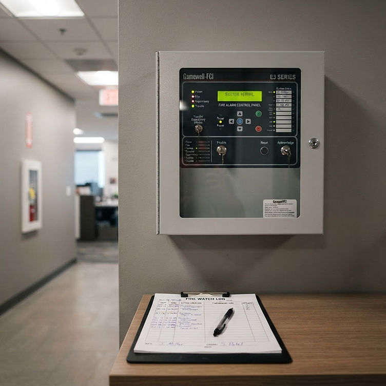 Fire alarm panel and fire watch patrol log in a commercial building - NFPA 25 impairment and fire watch compliance documentation