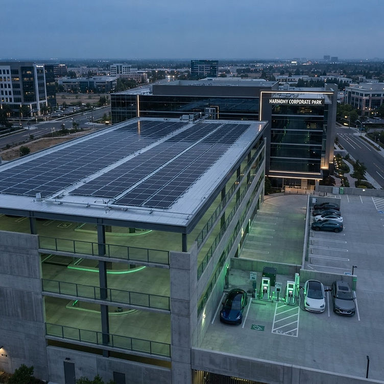 Commercial building rooftop solar array above an EV charging garage, illustrating decarbonization infrastructure fire risk