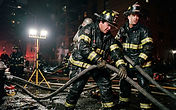 FDNY firefighters in turnout gear operating at a high-rise residential building at night during an active fire response
