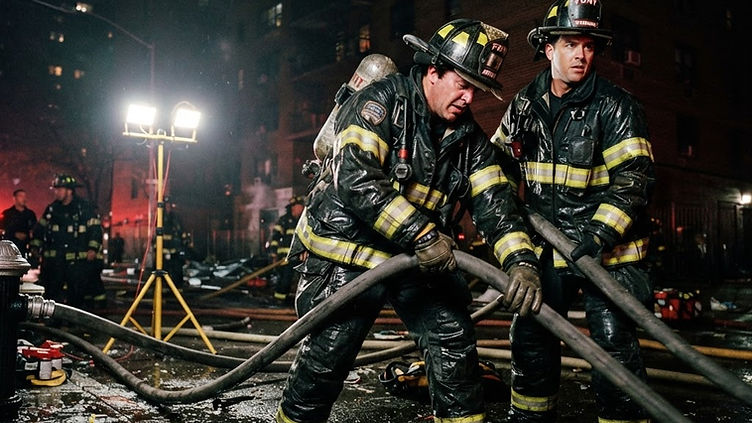 FDNY firefighters in turnout gear operating at a high-rise residential building at night during an active fire response