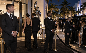 Protection agents posted at a gala entrance in Miami Beach at night