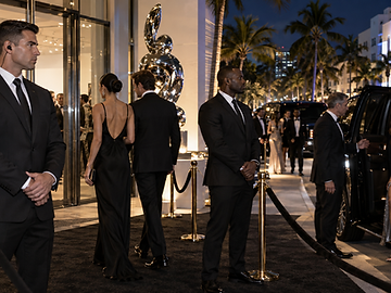 Protection agents posted at a gala entrance in Miami Beach at night