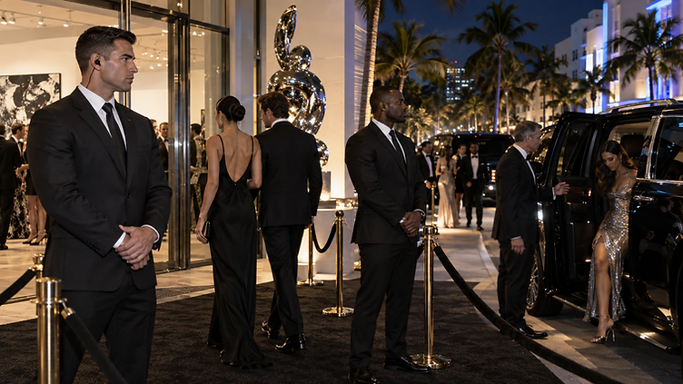 Protection agents posted at a gala entrance in Miami Beach at night