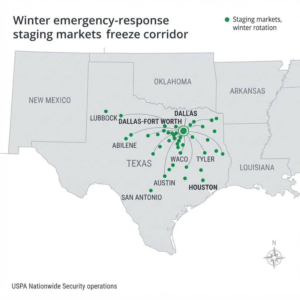 Map of the southern United States showing the winter staging markets in the Texas freeze corridor, with Dallas-Fort Worth highlighted as the hub of the USPA winter rotation. Source: USPA Nationwide Security operations.