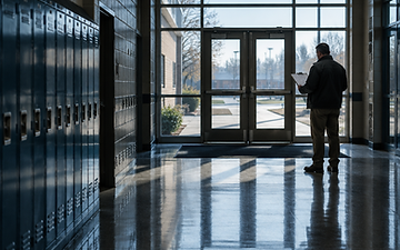 Security consultant reviewing a site plan inside an empty school hallway before students arrive