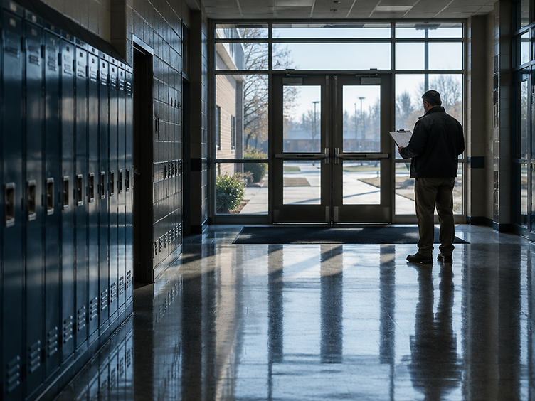 Security consultant reviewing a site plan inside an empty school hallway before students arrive