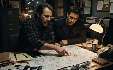 Investigators reviewing a city map and case notes during a missing-person search coordination