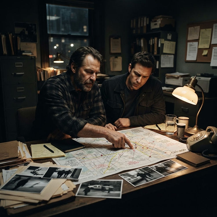 Investigators reviewing a city map and case notes during a missing-person search coordination