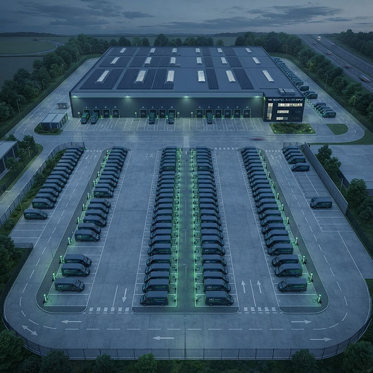Aerial view of a commercial EV fleet charging depot with electric delivery vans - fire risk mitigation for charging infrastructure