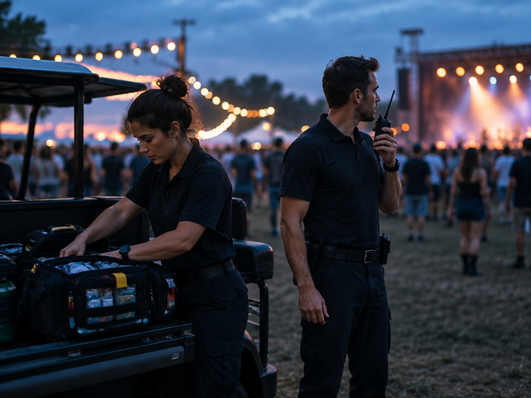 Private event medical team standing by with a medical support cart at an outdoor festival