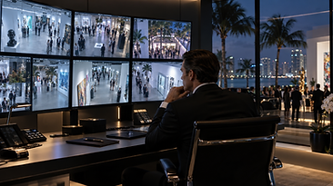 Security supervisor monitoring event camera feeds from a command center at night