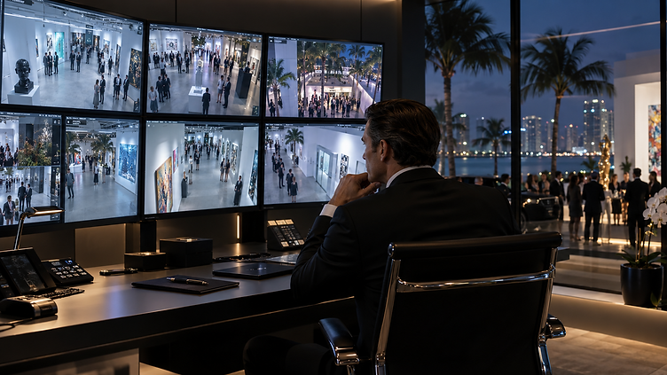 USPA operations supervisor monitoring security camera feeds from a command center at night