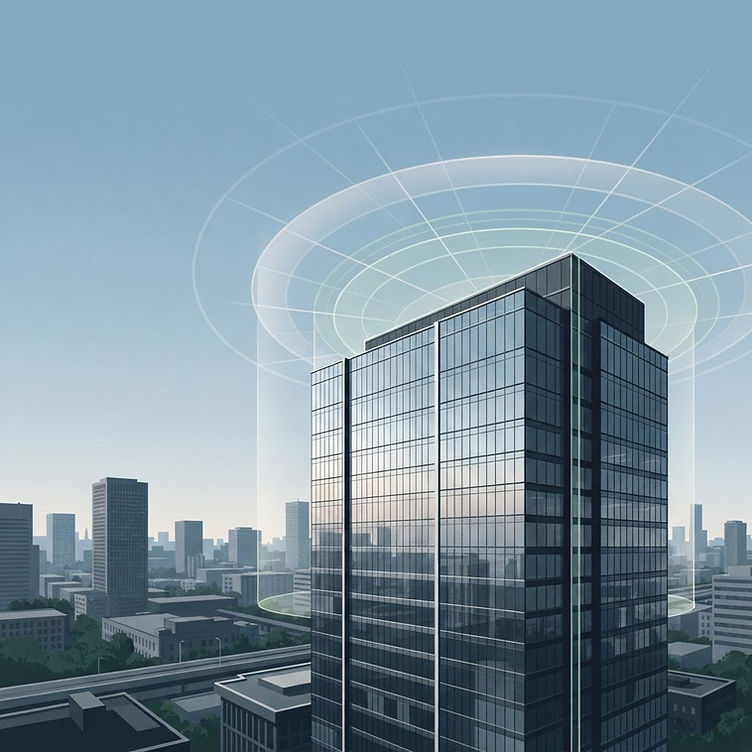 Corporate high-rise with conceptual airspace detection layers illustrated above the roofline